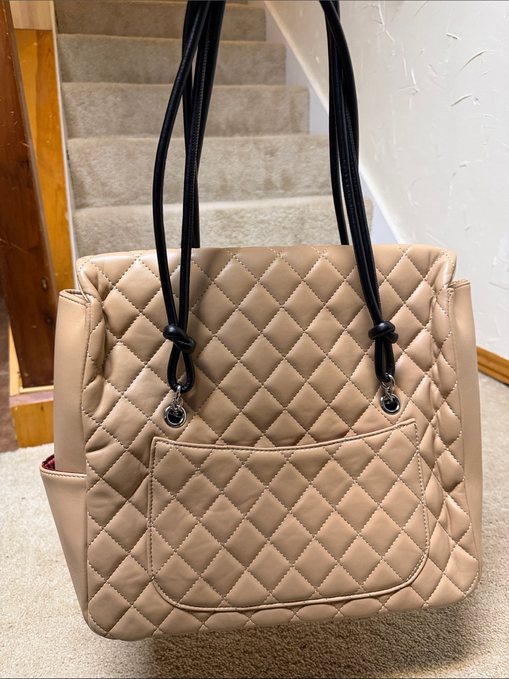Quilted Beige Tote Bag with Black Straps